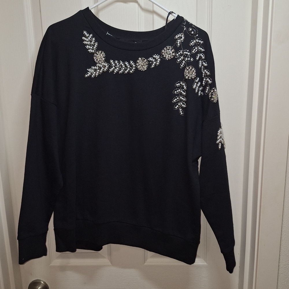 Broadway 38 NWT Black Sweatshirt with Silver Rhinestone Embellishments 1X